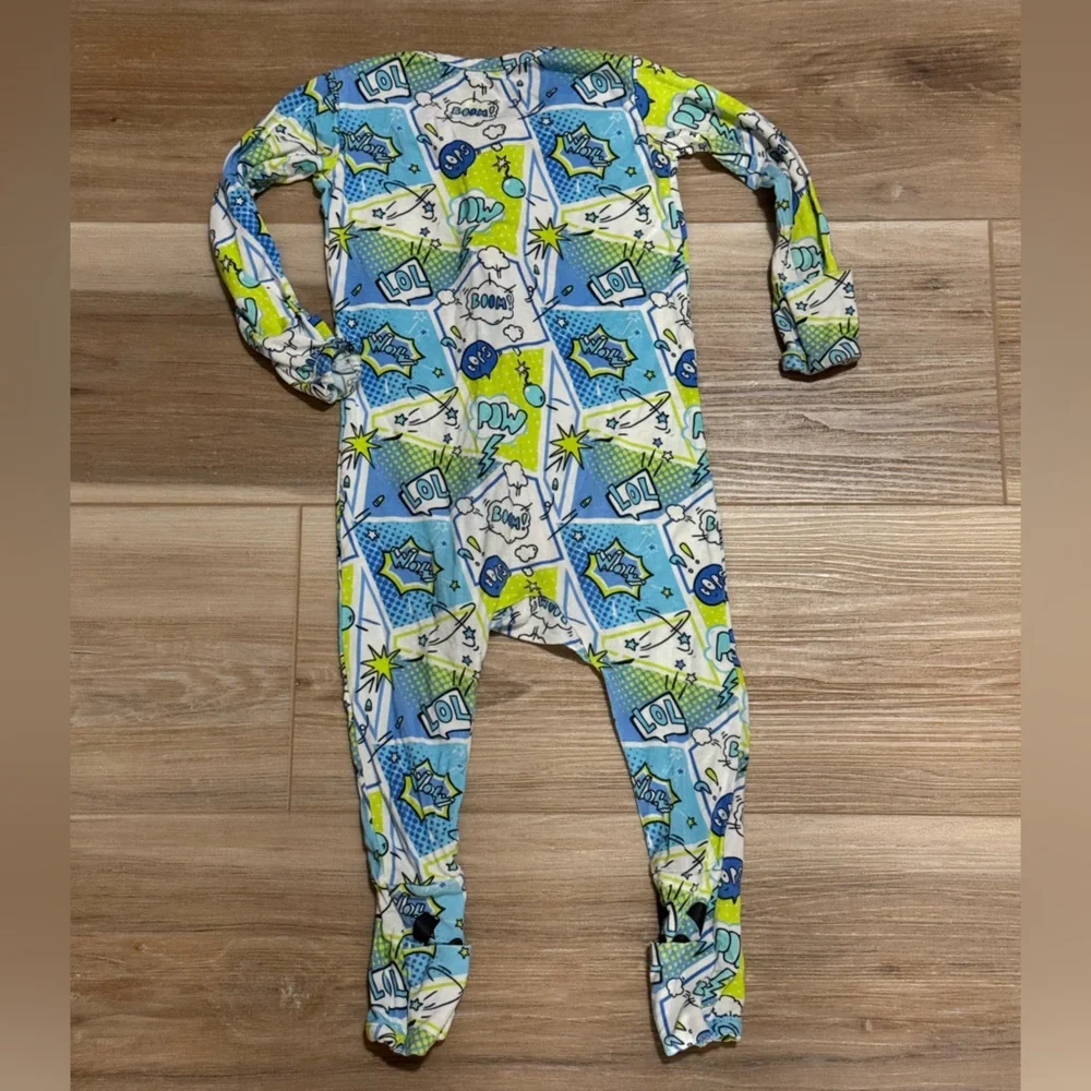 Bellabu Bear Kids' Comic Blue Fitted Convertible Footie Pajamas